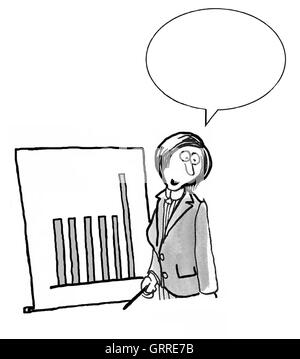 INSERT YOUR OWN TEXT.  B&W business illustration showing a businesswoman talking as she stands by a bar chart. Stock Photo