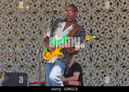 African-American electric guitar player on stage - USA Stock Photo