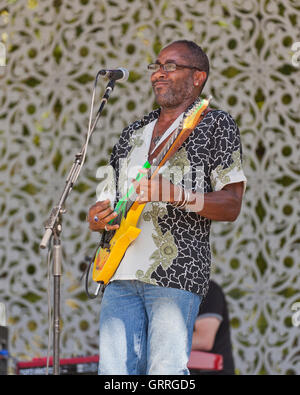 African-American electric guitar player on stage - USA Stock Photo
