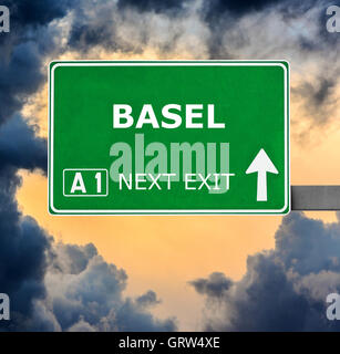 BASEL road sign against clear blue sky Stock Photo