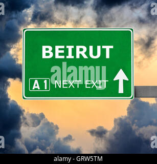 BEIRUT road sign against clear blue sky Stock Photo