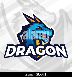 Dragon on shield sport mascot concept. Football or baseball patch design. College league insignia. Stock Vector