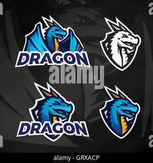 Creative dragon logo concept. Sport mascot design. College league insignia, Asian beast sign, Dragons illustration, School football team vector on dark background Stock Vector