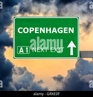 COPENHAGEN road sign against clear blue sky Stock Photo