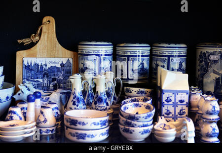 Delftware on display in a souvenir shop in Delft. Stock Photo