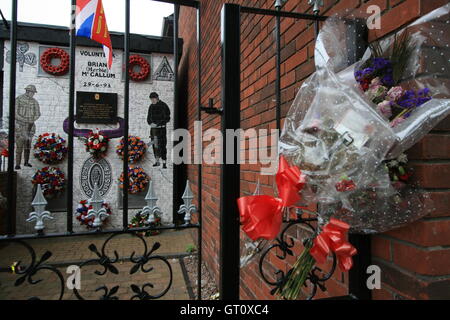 Memorial garden with a plaque to Brian (Herbie) Mc'Callum, a volunteer of UVF, Shankill Road, Belfast, Northern Ireland, UK. Stock Photo