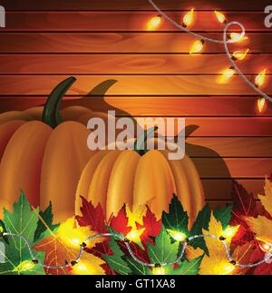Autumn leaves and pumpkins on wooden texture Stock Vector