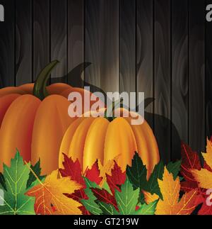 Autumn leaves and two pumpkins on wooden texture Stock Vector
