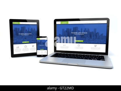 render of an smartphone, a tablet pc and a computer with a responsive design websiteon the screen. 3d rendering. Isolated. Stock Photo