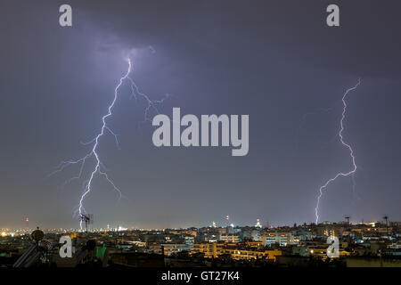 Lightning storm strikes the city of Thessaloniki, Greece Stock Photo