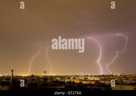 Lightning storm strikes the city of Thessaloniki, Greece Stock Photo