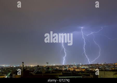 Lightning storm strikes the city of Thessaloniki, Greece Stock Photo