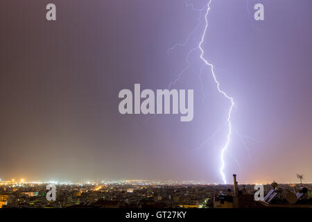 Lightning storm strikes the city of Thessaloniki, Greece Stock Photo