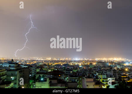 Lightning storm strikes the city of Thessaloniki, Greece Stock Photo