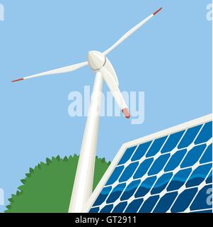 Wind and Solar Energy vector design. Illustration showing solar panels and a wind turbine. Stock Vector