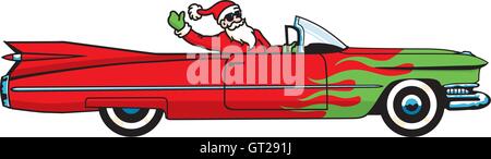 Santa Claus' Christmas Cadillac vector design. Santa comes to town in a convertible cadillac with green flames. Stock Vector