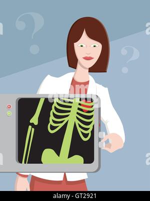 Doctor or scientist with x-ray machine scans her own body to see her skeleton and heart. Vector cartoon illustration. Stock Vector