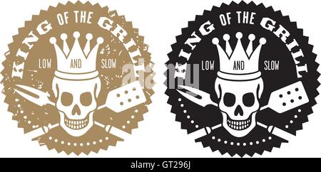 King of the Grill barbecue vector design. BBQ logo featuring skull with crown and crossed spatula and grilling fork. Includes clean and grunge version. Stock Vector