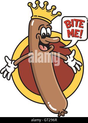 King of the Wieners vector cartoon. Happy smiling hot dog with a crown is shouting Bite Me! Stock Vector