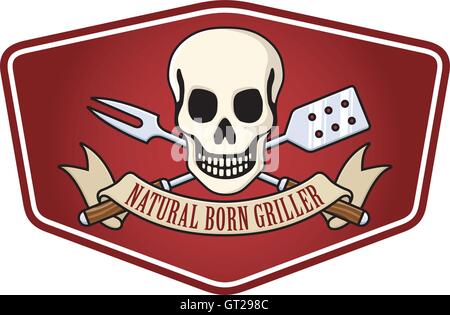 Natural born griller barbecue vector. Cool BBQ design features skull and crossed spatula and grilling fork. Banner reads Natural Born Griller. Stock Vector