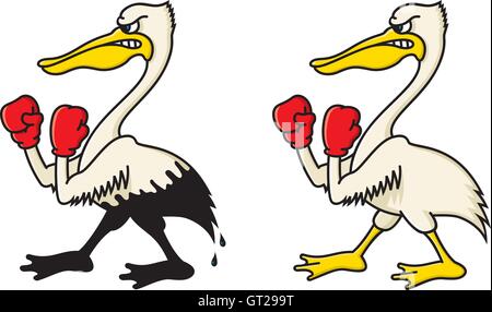 Angry pelican vector illustration. Fighting pelican cartoon with boxing gloves. Include clean version and oil soaked version. Stock Vector