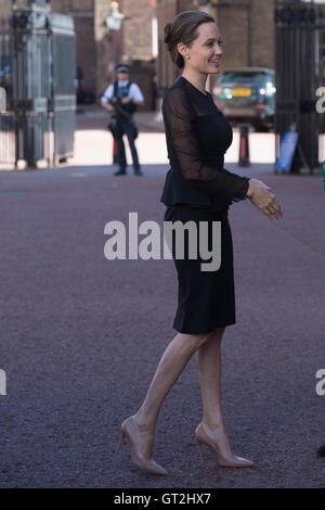 UN Special Envoy, Angelina Jolie is greeted by UK Vice Chief of the Defence Staff General Sir Gordon Messenger at the UN Peacekeeping Defence Ministerial in London. Stock Photo