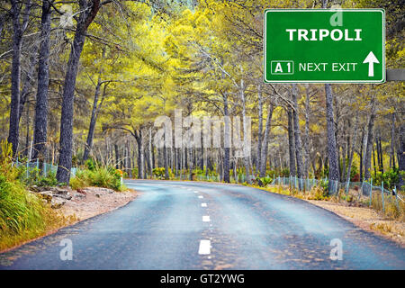 TRIPOLI road sign against clear blue sky Stock Photo