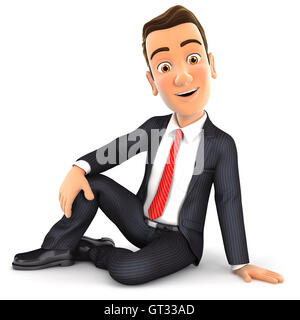 3d businessman sitting on the floor, illustration with isolated white background Stock Photo