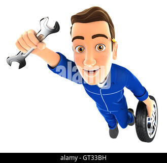 3d mechanic flying with wrench and wheel, illustration with isolated white background Stock Photo