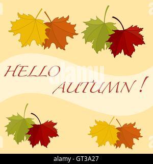 Beautiful illustration on a theme of autumn: frame of maple leaves with the word hello autumn colors in natural vision. Vector i Stock Vector