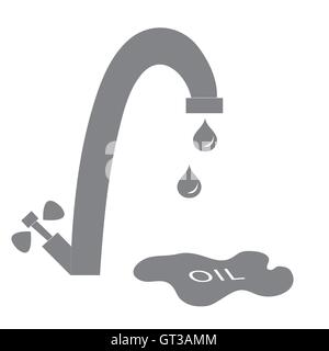 Stylized icon of the faucet with drops of fuel and the inscription oil in a puddle on a white background Stock Vector