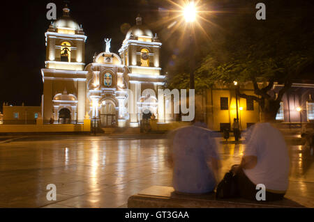 The 17th century steeple and bell tower of the Cathedral of Trujillo catholic church, Trujillo, Peru. Stock Photo