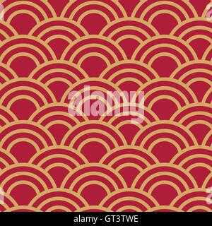 Traditional japanese seamless wave pattern in red and gold. Good for textile, cover or package. Stock Vector