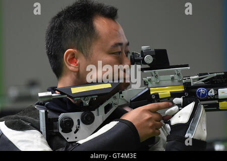 Rio De Janeiro. 8th Sep, 2016. Dong Chao of China competes during Men's R1 10m Air Rifle Standing SH1 Final of Rio 2016 Paralympic in Rio de Janeiro, Brazil, on Sept.8, 2016. Dong Chao won the gold. Credit:  Wang Song/Xinhua/Alamy Live News Stock Photo