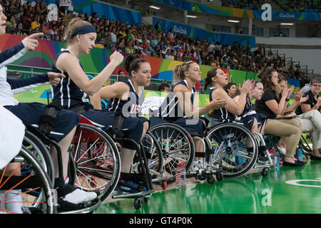 Rio de Janeiro, Brazil. 8th September, 2016. The USA women's basketball team cheers against France on the first day of competition at the 2016 Paralympic Games. Credit:  Bob Daemmrich/Alamy Live News Stock Photo