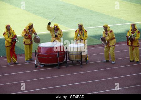 Heihe, Heihe, China. 9th Sep, 2016. Heihe, CHINA-?August 27 2016:?(EDITORIAL?USE?ONLY.?CHINA?OUT).People perform at the opening ceremony of a Sino-Russian football match in Heihe, northeast ChinaÂ¡Â¯s Heilongjiang Province. Both Chinese and Russian football players are impressed by the performance. © SIPA Asia/ZUMA Wire/Alamy Live News Stock Photo