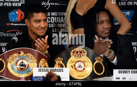 Beverly Hills CA. 8th Sep, 2016. (L-R) Champion Jessie Vargas and his trainer Dewey Cooper at a LA press conference on the Manny Pacquiao fight Thursday. The two will fight Nov 5th at the Thomas & Mac in Las Vegas NV. photo by Gene BlevinsLA Daily NewsZumaPress Credit:  Gene Blevins/ZUMA Wire/Alamy Live News Stock Photo