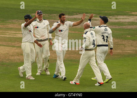 Headingley Carnegie Stadium,Leeds, UK.  Friday 9th September 2016.   Adam Lyth  of Yorkshire celebrates taking then wicket of Barry McCarthy of Durham off the bowling of Tim Bresnan during Day Four of the Specsavers County Championship Division One match between Yorkshire and Durham at Headingley Carnegie Stadium.   Credit:  Stephen Gaunt/Alamy Live News Stock Photo