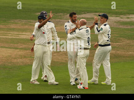 Headingley Carnegie Stadium,Leeds, UK.  Friday 9th September 2016.   Adam Lyth  of Yorkshire celebrates taking then wicket of Barry McCarthy of Durham off the bowling of Tim Bresnan during Day Four of the Specsavers County Championship Division One match between Yorkshire and Durham at Headingley Carnegie Stadium.   Credit:  Stephen Gaunt/Alamy Live News Stock Photo