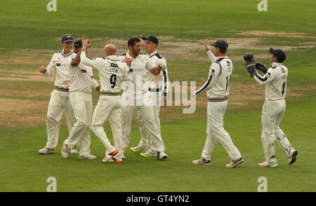 Headingley Carnegie Stadium,Leeds, UK.  Friday 9th September 2016.   Adam Lyth  of Yorkshire celebrates taking then wicket of Barry McCarthy of Durham off the bowling of Tim Bresnan during Day Four of the Specsavers County Championship Division One match between Yorkshire and Durham at Headingley Carnegie Stadium.   Credit:  Stephen Gaunt/Alamy Live News Stock Photo