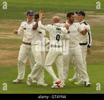 Headingley Carnegie Stadium,Leeds, UK.  Friday 9th September 2016.   Adam Lyth  of Yorkshire celebrates taking then wicket of Barry McCarthy of Durham off the bowling of Tim Bresnan during Day Four of the Specsavers County Championship Division One match between Yorkshire and Durham at Headingley Carnegie Stadium.   Credit:  Stephen Gaunt/Alamy Live News Stock Photo