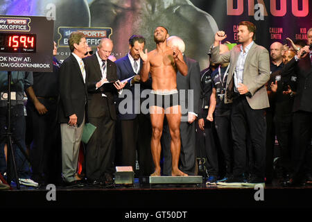 Greenwich Peninsula, UK. 09th Sep, 2016. Boxer Kell Brook on the scales during a Weigh-In at the O2 Arena on 9th September 2016 Credit:  TGSPHOTO/Alamy Live News Stock Photo