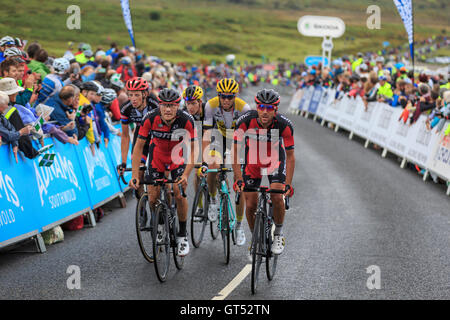 Haytor, Dartmoor, Devon, UK. 09th Sep, 2016. Tour of Britain 2016: Stage 6 - Sidmouth to Haytor. A group, including Loic Vliegen and Amael Moinard (BMC), climbs up the final climb of Haytor on Stage 6 of the Tour of Britain. Credit:  Clive Jones/Alamy Live News Stock Photo