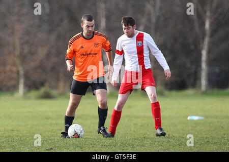 Gladstone Wanderers (white/red) vs Wojak Sunday - Hackney & Leyton Sunday League Jack Morgan Cup Football at South Marsh, Hackney Marshes, London - 22/02/15 Stock Photo