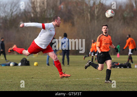 Gladstone Wanderers (white/red) vs Wojak Sunday - Hackney & Leyton Sunday League Jack Morgan Cup Football at South Marsh, Hackney Marshes, London - 22/02/15 Stock Photo