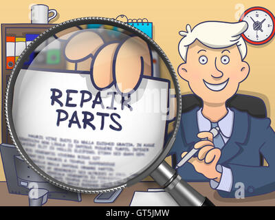 Repair Parts through Magnifying Glass. Doodle Concept. Stock Photo