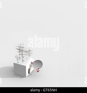 3d concept rendering of small white house with dish antenna and antennas Stock Photo