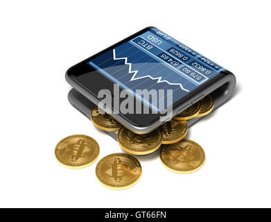 Concept Of Digital Wallet And Bitcoins. Gold Bitcoins Spill Out Of The Curved Smartphone. 3D Illustration. Stock Photo