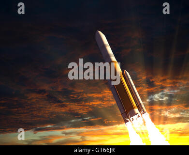Rocket Taking Off In The Rays Of The Sun. 3D Illustration. Stock Photo