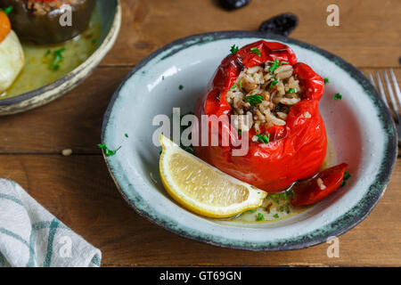 Stuffed tomatoes and peppers, a traditional plate in Greece. Stock Photo